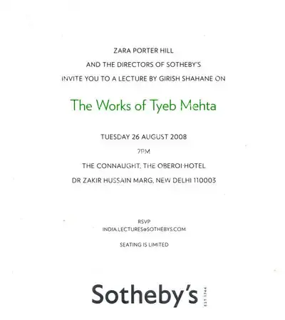 Tyeb Mehta (Artist), The Works of Tyeb Mehta, 2008, Solo Exhibition Invitation