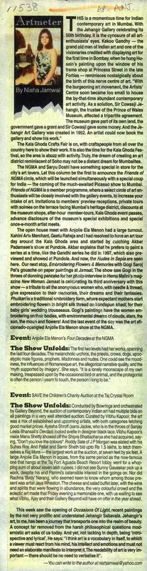 Nisha Jamwal (Writer), Event: Anjolie Ela Mennon's Four Decades At The NGMA, Newspaper Clipping