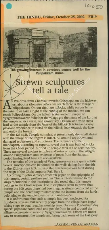 Lakshmi Venkataraman (Reporter), Strewn Sculptures tell a tale, 2002, Newspaper Clipping