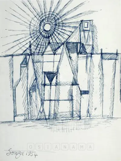 F.N. Souza (Artist), Sunrise Townscape, 1954, Drawing