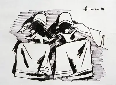 M.F. Husain (Artist), Untitled, 1946, Drawing