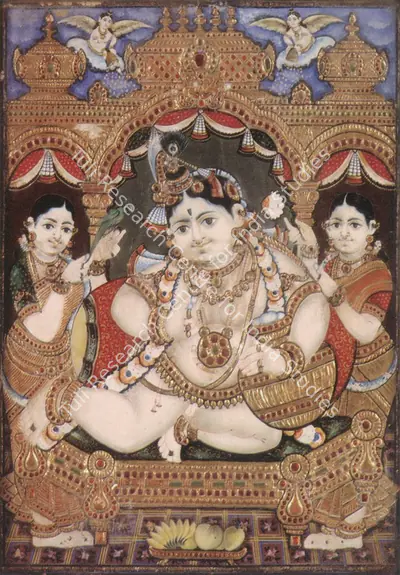Tanjore School (Artist), Krishna with Two Attendants, Painting