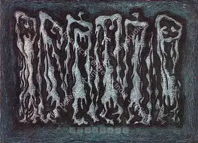 Zahoor Ul Akhlaq (Artist), Untitled (Group Of Standing Figures), 1963, Painting