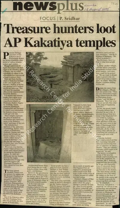 P. Sridhar (Writer), Treasure Hunters loot AP Kakatiya Temples, 2005, Newspaper Clipping