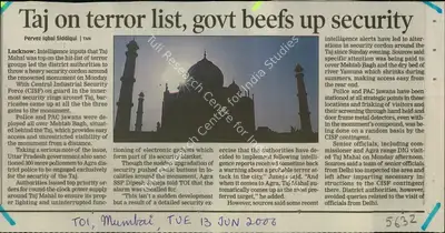 Pervez Iqbal Siddiqui (Reporter), Taj On Terror List, Govt Beefs Up Security, 2006, Newspaper Clipping