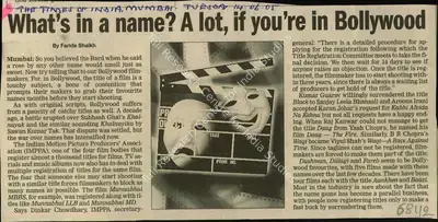 Farida Shaikh (Reporter), What in a Name? A lot, if you're in Bollywood, 2005, Newspaper Clipping