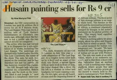 Nina Martyris (Reporter), Husain Paintings Sells for Rs 9 cr, 2005, Newspaper Clipping
