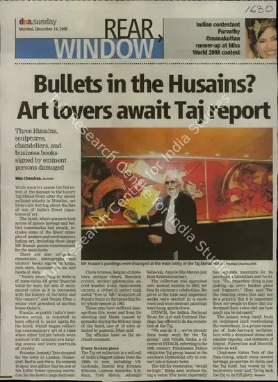 Rina Chandran (Reporter), Bullets in the Husains? Art lovers await Taj report, 2008, Newspaper Clipping