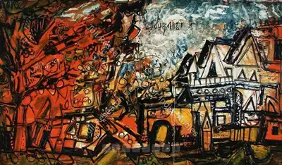 F.N. Souza (Artist), Landscape In Orange, 1961, Painting