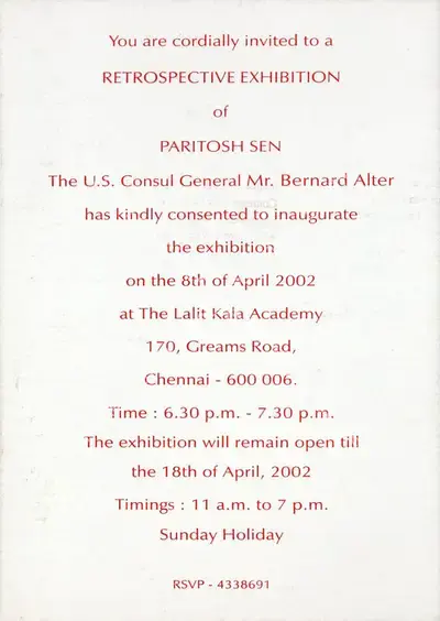 Sen, Paritosh (Artist). Retrospective Exhibition of Paritosh Sen. Chennai: Lalit Kala Academy, 2002 | Solo Exhibition Invitation | FineArts | 00859863