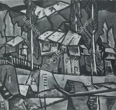 Triloke Kaul (Artist), Huts and Poplars, Painting