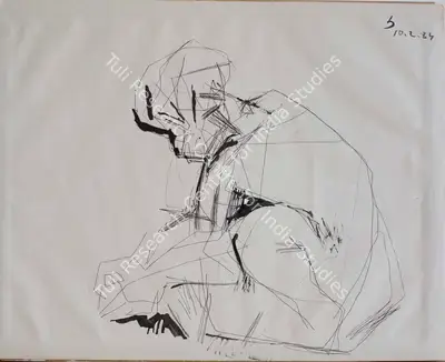 Somnath Hore (Artist), Untitled (Crouched Figure), 1984, Drawing