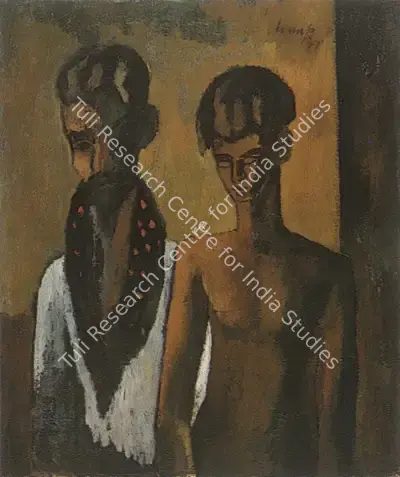 Ivan Peries (Artist), Two Figures Standing, One with Spotted Scarf, 1947, Painting