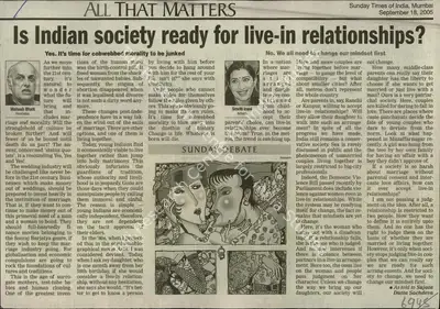 Sujata Dutta Sachdeva (Reporter), Is Indian Society ready for live-in Relationships, 2005, Newspaper Clipping