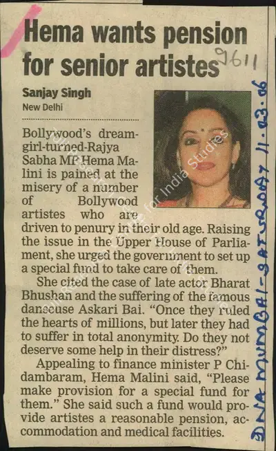 Sanjay Singh (Reporter), Hema Wants Pension For Senior Artistes, 2006, Newspaper Clipping