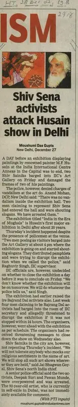 Moushumi Das Gupta (Reporter), Shiv Sena Activists Attack Husain Show in Delhi, 2007, Newspaper Clipping