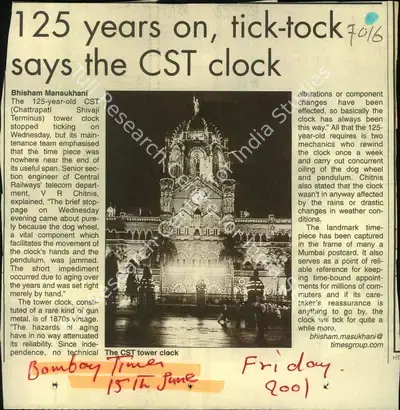 Bhisham Mansukhani (Reporter), 125 years on, tick-tock says the CST clock, 2001, Newspaper Clipping