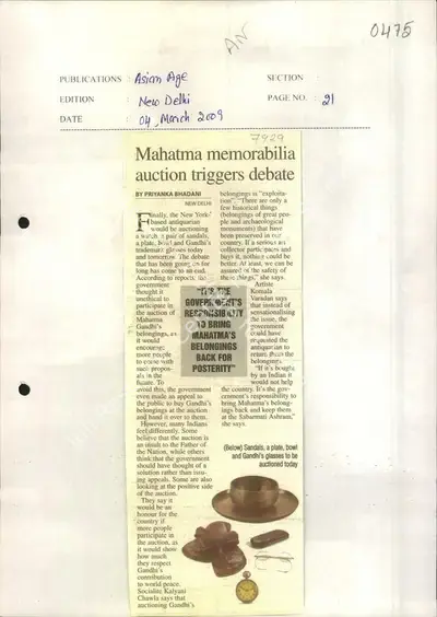 Priyanka Bhadani (Reporter), Mahatma Memorabilia Auction Triggers Debate, 2009, Newspaper Clipping