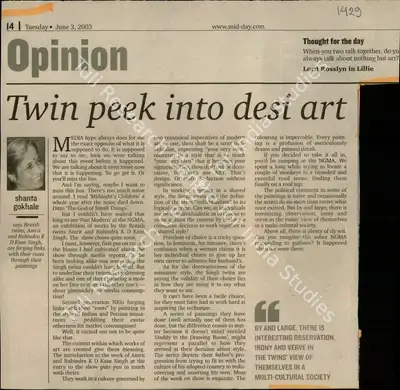 Shanta Gokhale (Reporter), Twin Peek into Desi Art, 2003, Newspaper Clipping