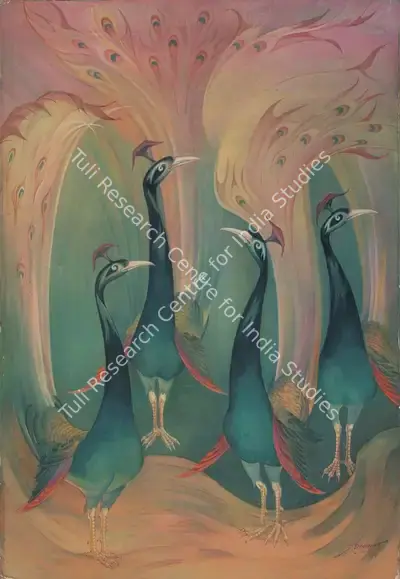 Amalnath Chakladar (Artist), Peacocks, 1973, Painting