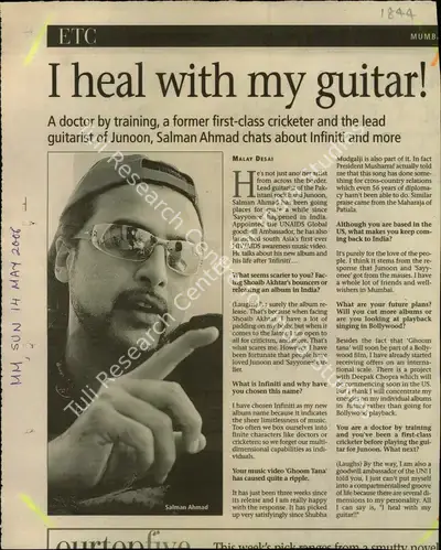 Malay Desai (Reporter), I heal with my guitar!, 2006, Newspaper Clipping