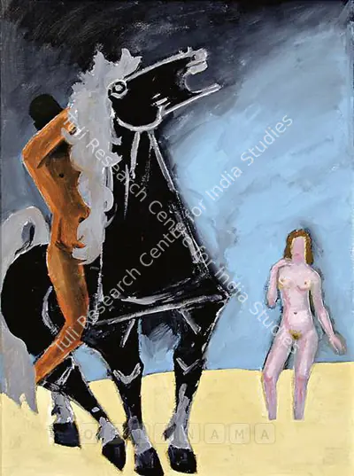 M.F. Husain (Artist), Horse, Rider And Nude, 1981, Painting