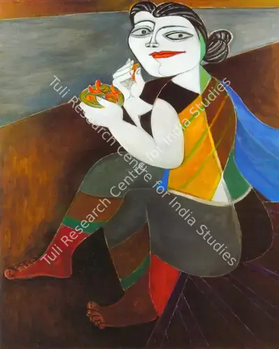 Paritosh Sen (Artist), Woman Eating Fried Prawns on River Bank, 1996, Painting