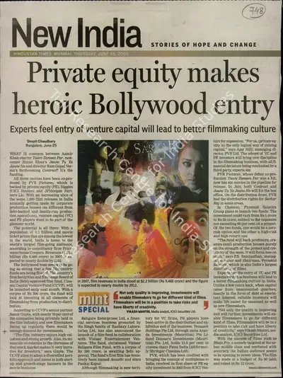 Deepti Chaudhary (Reporter), Private Equity Makes Heroic Bolywood Entry, 2008, Newspaper Clipping