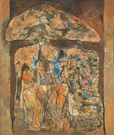 K.K. Hebbar (Artist), Krishna Lifting Mount Govardhan, 1964, Painting