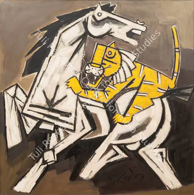 M.F. Husain (Artist), Horse and Tiger, Painting