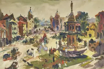 S.H.&nbsp;Raza (Artist), Bombay - Ruttonsee Muljee Jetha Fountain, 1945, Painting