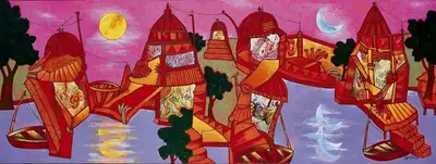 Manu Parekh (Artist), Landscape With Moon & Sun, 2010, Painting