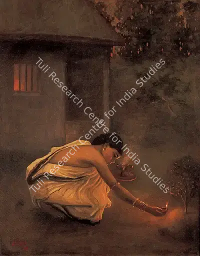 Jogesh Chandra Seal (Artist), Lighting the Diya, 1919, Painting