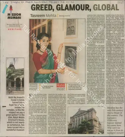 Tasneem Mehta (Writer), Greed, Glamour, Global, 2006, Newspaper Clipping