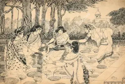 Satish Sinha (Artist), A Swan Surrounded By Women, 1914, Drawing