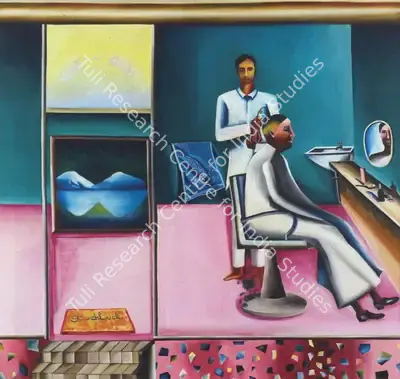 Khakhar, Bhupen P. (Artist). Barber's Shop. Oil on Canvas, 1973 | Bhupen Khakhar , 1998 | Painting | FineArts | 00149661