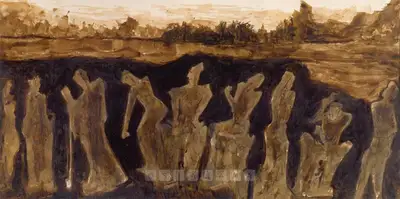 Rabindranath Tagore (Artist), Untitled (Figures In Sepia), Drawing