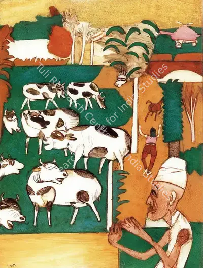 Subramanyan, K.G. (Artist). Inayat Khan looks at Pastoral Scene. Watercolour and Oil on Acrylic Sheet, 1987 | K.G. Subramanyan, 2003 | Painting | FineArts | 00566181