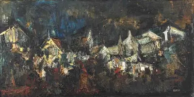 Raza, S.H. (Artist). Village (P 501). Oil on canvas, 1960 | Painting | FineArts | 00416087