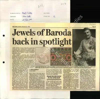 Neha Mathur (Reporter), Jewels of Baroda Back in Spotlight, 2009, Newspaper Clipping