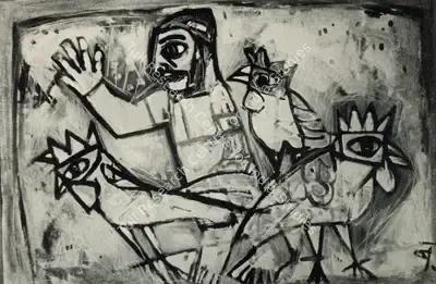 Badri Narayan (Artist), Fowl Seller, 1965, Painting