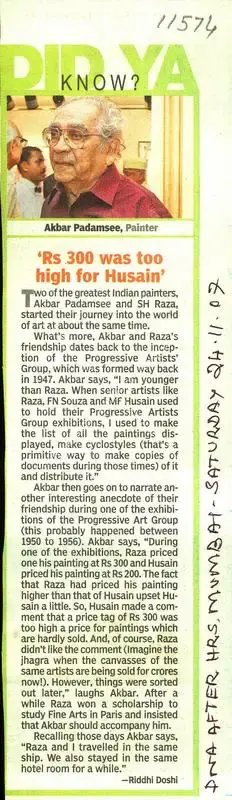Riddhi Doshi (Writer), Rs 300 Was Too High For husain', 2007, Newspaper clipping