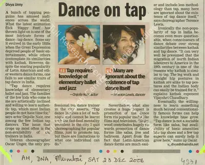 Divya Unny (Reporter), Dance on tap, 2006, Newspaper Clipping