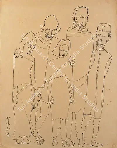 K.M. Adimoolam (Artist), Morning Walk: Gandhiji, Khan Abdul Ghaffar Khan & Jawaharlal Nehru, 1969, Drawing