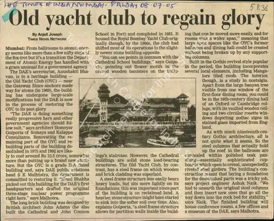 Anjali Joseph (Reporter), Old Yacht to Regain Glory, 2005, Newspaper Clipping