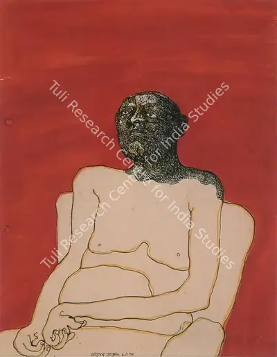 Jogen Chowdhury (Artist), Seated Man, 1974, Drawing