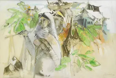 M. Sivanesan (Artist), Untitled (Village Scene with two women), 1980, Painting