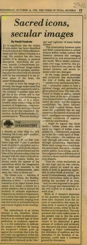 Ranjit Hoskote (Writer), Sacred Icons, Secular Images, 1996, Newspaper Clipping