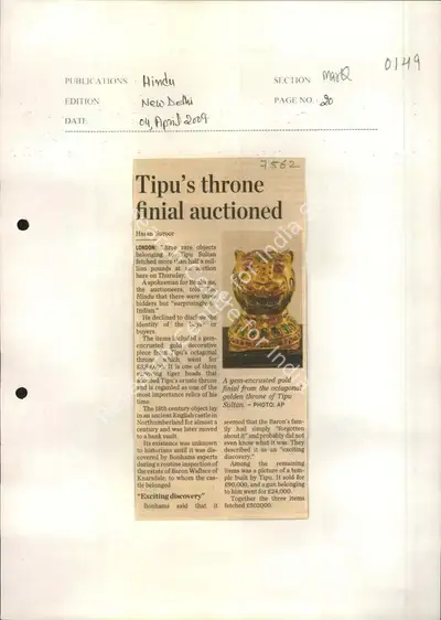Hasan Suroor (Reporter), Tipu's Throne Finial Auctioned, 2009, Newspaper Clipping