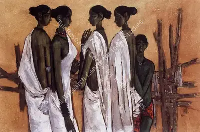 B. Prabha (Artist), Four Women Conversing, 1966, Painting